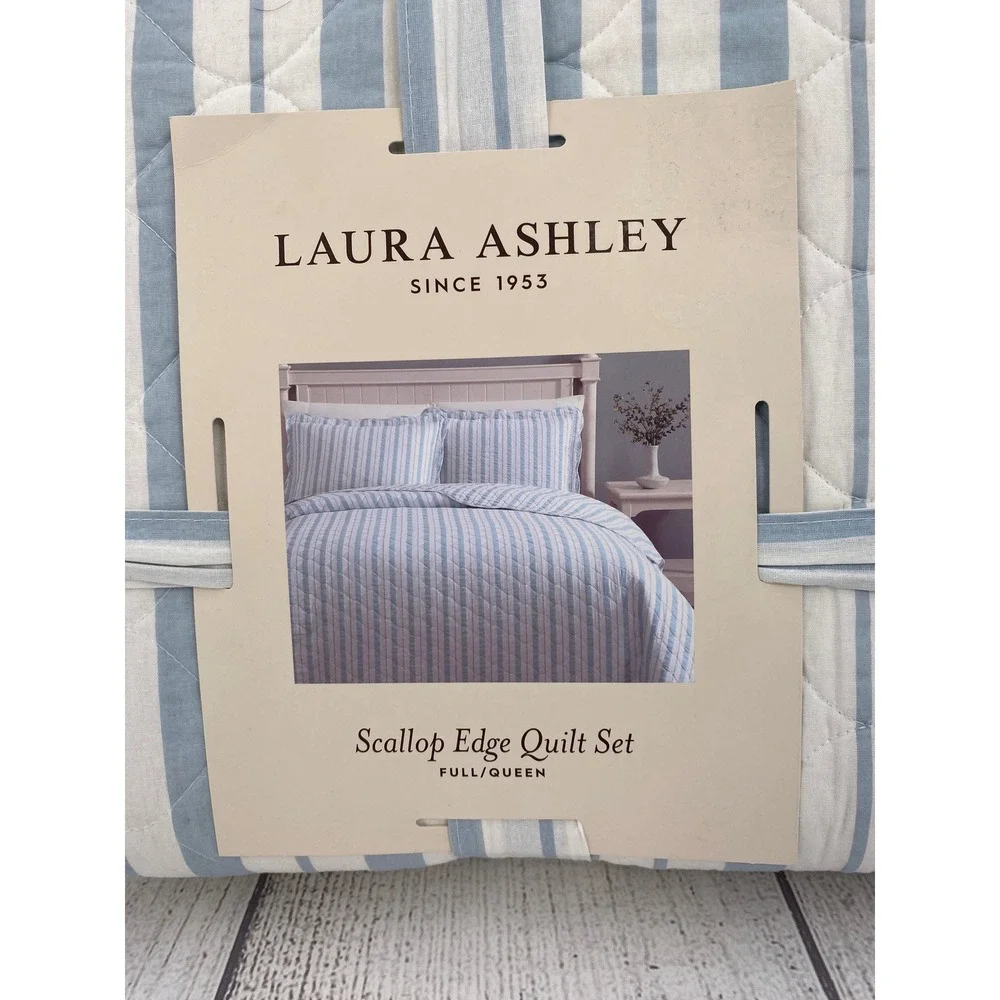 Laura Ashley Scallop Edge Quilt Set Full/Queen Blue White Striped Feminine Cozy